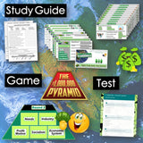 Educational materials including a study guide, game components, and test preparation materials on a world map background.