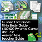 Educational materials including slides, study guide, pyramid game, and test on a world map background.