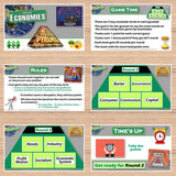 Educational game board with economic concepts on a wooden surface