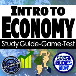 Title card for 'Intro to Economy' study guide, game, and test with economic icons and text.