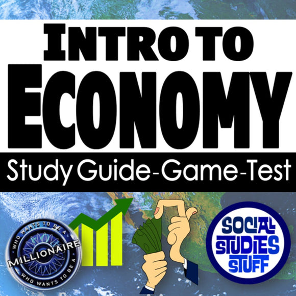 Title card for 'Intro to Economy' study guide, game, and test with economic icons and text.