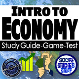 Title card for 'Intro to Economy' study guide, game, and test with economic icons and text.
