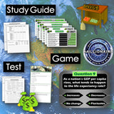Educational materials including a study guide, test, and game components on a world map background.