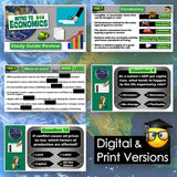 Educational materials on economics with questions and answers displayed against a world map background.
