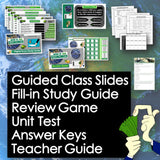 Educational materials including slides, study guide, review game, unit test, answer keys, and teacher guide on a blue background.