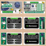 Educational game components on a wooden surface, including question cards and a digital scorecard.