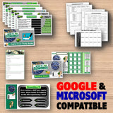 Educational materials including study guides and worksheets on a wooden surface with 'Google & Microsoft Compatible' text.