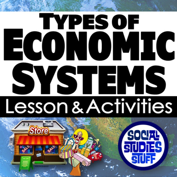 Title card for 'Types of Economic Systems' lesson and activities with a store illustration and 'Social Studies Stuff' logo.