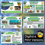 Educational materials on economies with digital and print versions displayed.