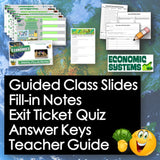 Educational materials including slides, notes, and quizzes with 'Economic Systems' branding on a world map background.