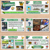 Educational materials on economics with various activities and questions displayed on a wooden surface.