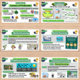 Educational posters on economic systems and factors of production displayed on a wooden surface.