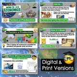 Educational materials on factors of production with digital and print versions.