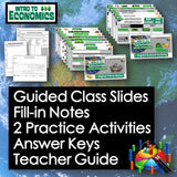 Educational materials for an economics class including slides, notes, activities, and a teacher guide on a world map background.