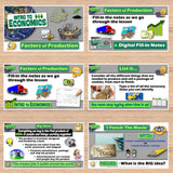 Educational materials on factors of production with graphics and text on a wooden surface.