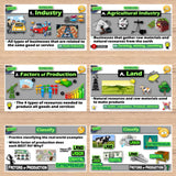 Educational posters about the industry, agricultural industry, factors of production, and classification on a wooden surface.