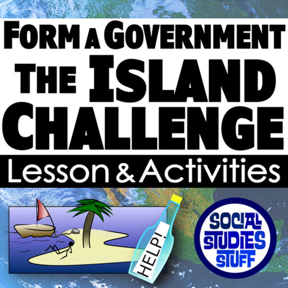 Promotional graphic for 'The Island Challenge' lesson and activities with text and a cartoon image of a stranded person on an island.