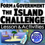Promotional graphic for 'The Island Challenge' lesson and activities with text and a cartoon image of a stranded person on an island.
