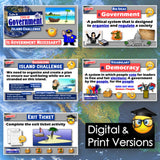 Educational digital and print materials on government and democracy with colorful graphics and text.