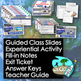 Educational materials including slides, notes, and exit tickets with a world map background.