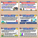 Educational game interface with various screens on a wooden background
