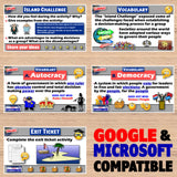 Educational materials on government and decision-making with 'Island Challenge' and 'Vocabulary' topics.