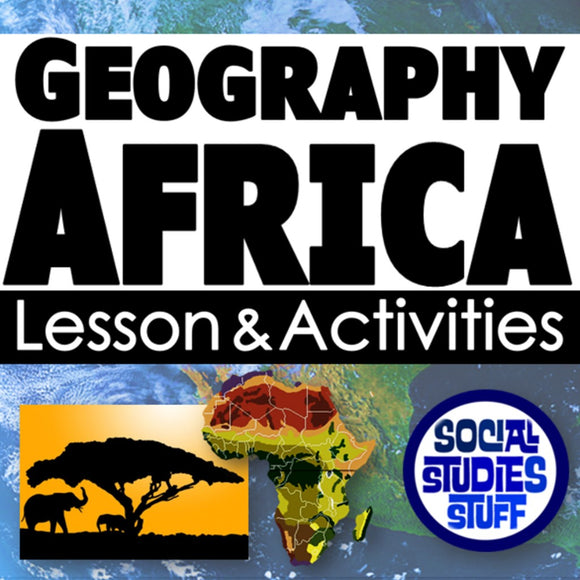 Promotional graphic for geography lessons and activities on Africa, featuring a map, animals, and a logo.