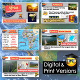 Educational materials about Africa with maps and questions on a blue background
