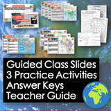 Educational materials including slides, practice activities, answer keys, and a teacher guide on a world map background.