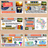 Educational materials about Africa on a wooden surface
