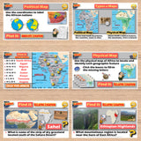 Educational software interface with map-related questions and answers on a wooden background