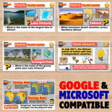 Educational geography game cards on a wooden surface with 'Google & Microsoft Compatible' text.