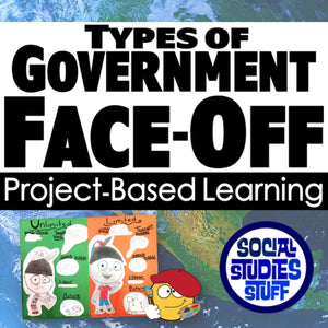 Title card for 'Types of Government Face-Off' project-based learning with cartoon characters and logos.