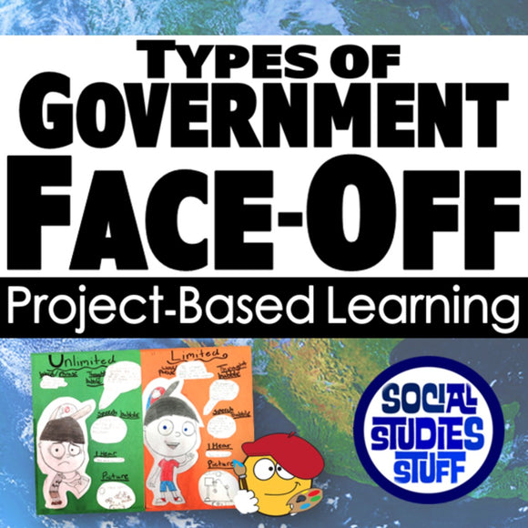 Title card for 'Types of Government Face-Off' project-based learning with cartoon characters and logos.