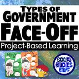 Title card for 'Types of Government Face-Off' project-based learning with cartoon characters and logos.