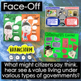 Educational posters on government types with cartoon characters and text.