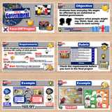 Educational materials on a wooden surface with various educational posters and project guidelines.