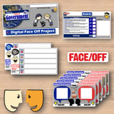 Educational materials for a digital face off project on types of government, including cards and a rubric on a wooden surface.