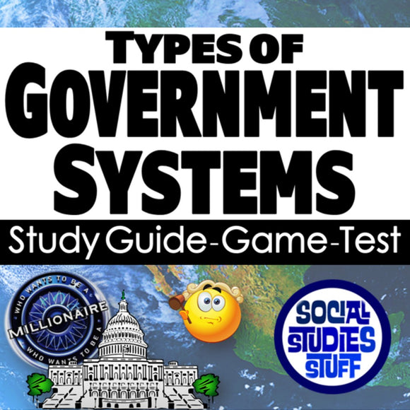 Educational graphic about types of government systems with icons and text.