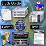 Educational materials including a study guide, game, and test on a world map background.