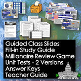 Educational materials including slides, study guide, and review game on a blue background with a U.S. Capitol building.
