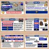 Educational materials on government with various tasks and questions displayed on a wooden surface.