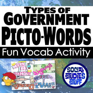 Promotional image for a fun vocabulary activity on types of government, featuring colorful text and graphics.