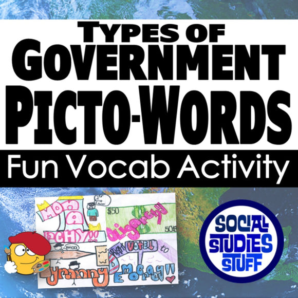 Promotional image for a fun vocabulary activity on types of government, featuring colorful text and graphics.