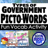 Promotional image for a fun vocabulary activity on types of government, featuring colorful text and graphics.