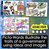 Collage of Picto-Words illustrations with text and graphics on a blue background.