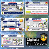 Collage of digital and print versions of Picto-Words educational activities on a world map background.