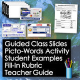 Educational materials including slides, rubric, and examples on a world map background.