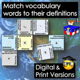 Educational material with vocabulary cards matching words to their definitions against a world map background.