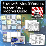 Educational materials including puzzles, answer keys, and a teacher guide on a world map background.